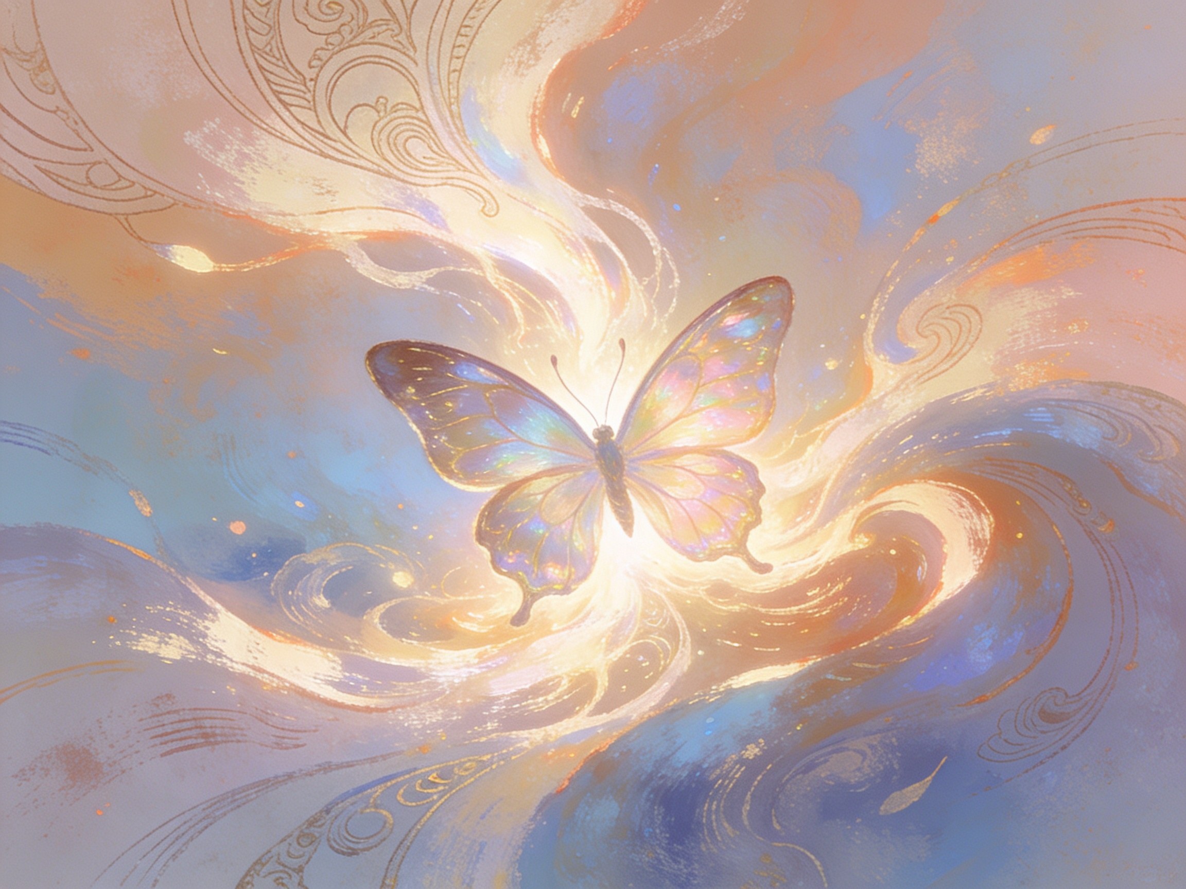 A butterfly rendered in a soft, storybook folklore style