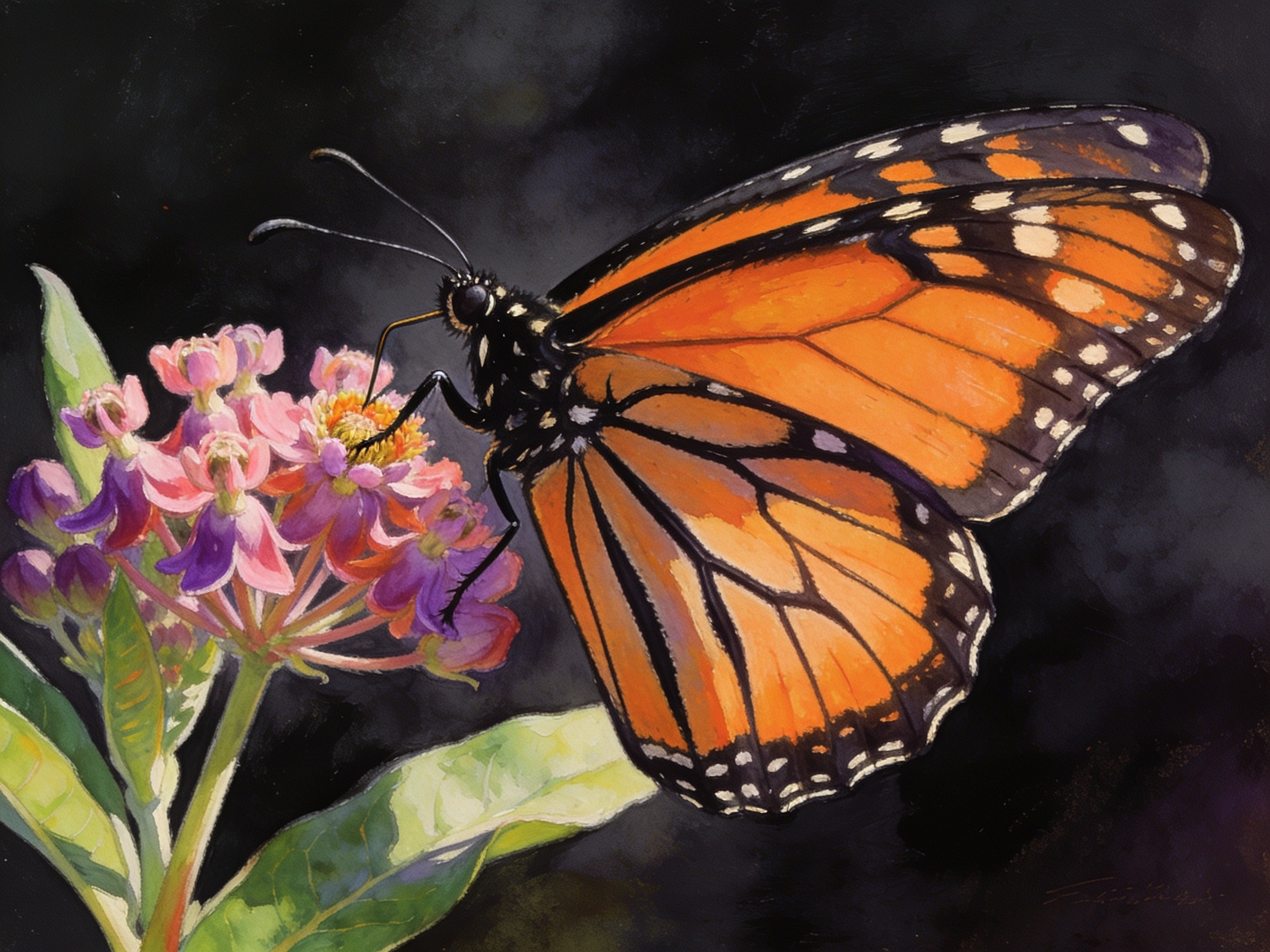 A monarch butterfly feeding on a milkweed bloom