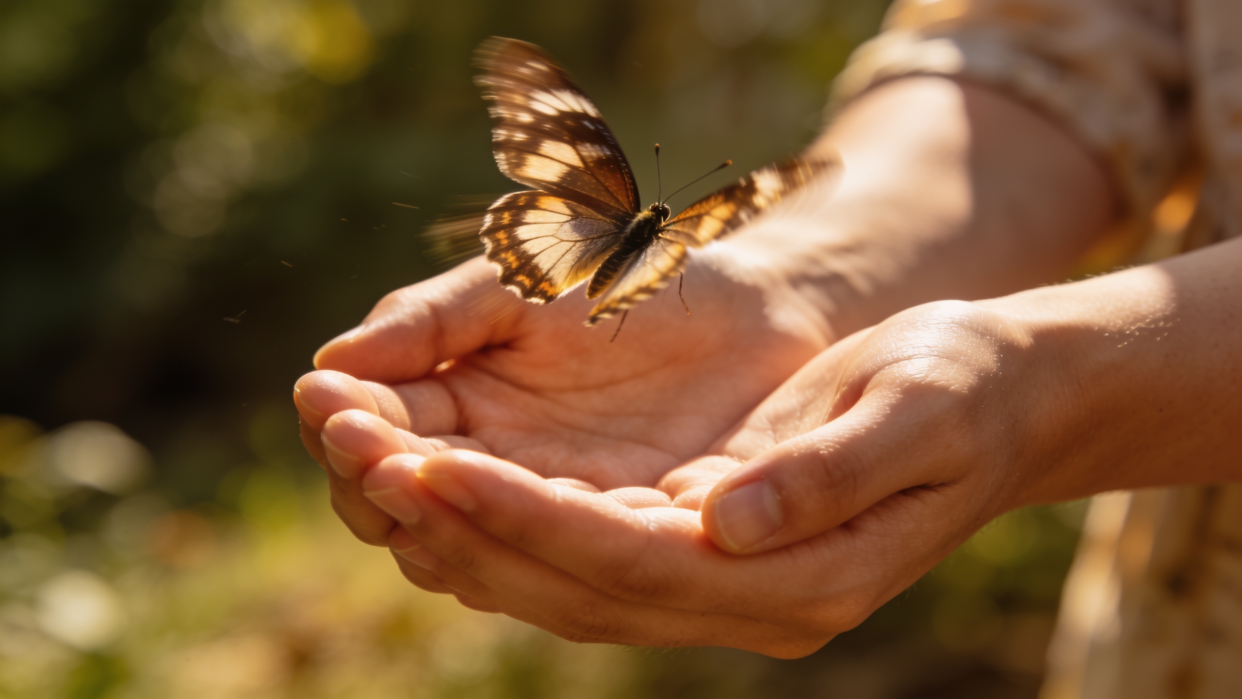 A butterfly lifting off from cupped hands
