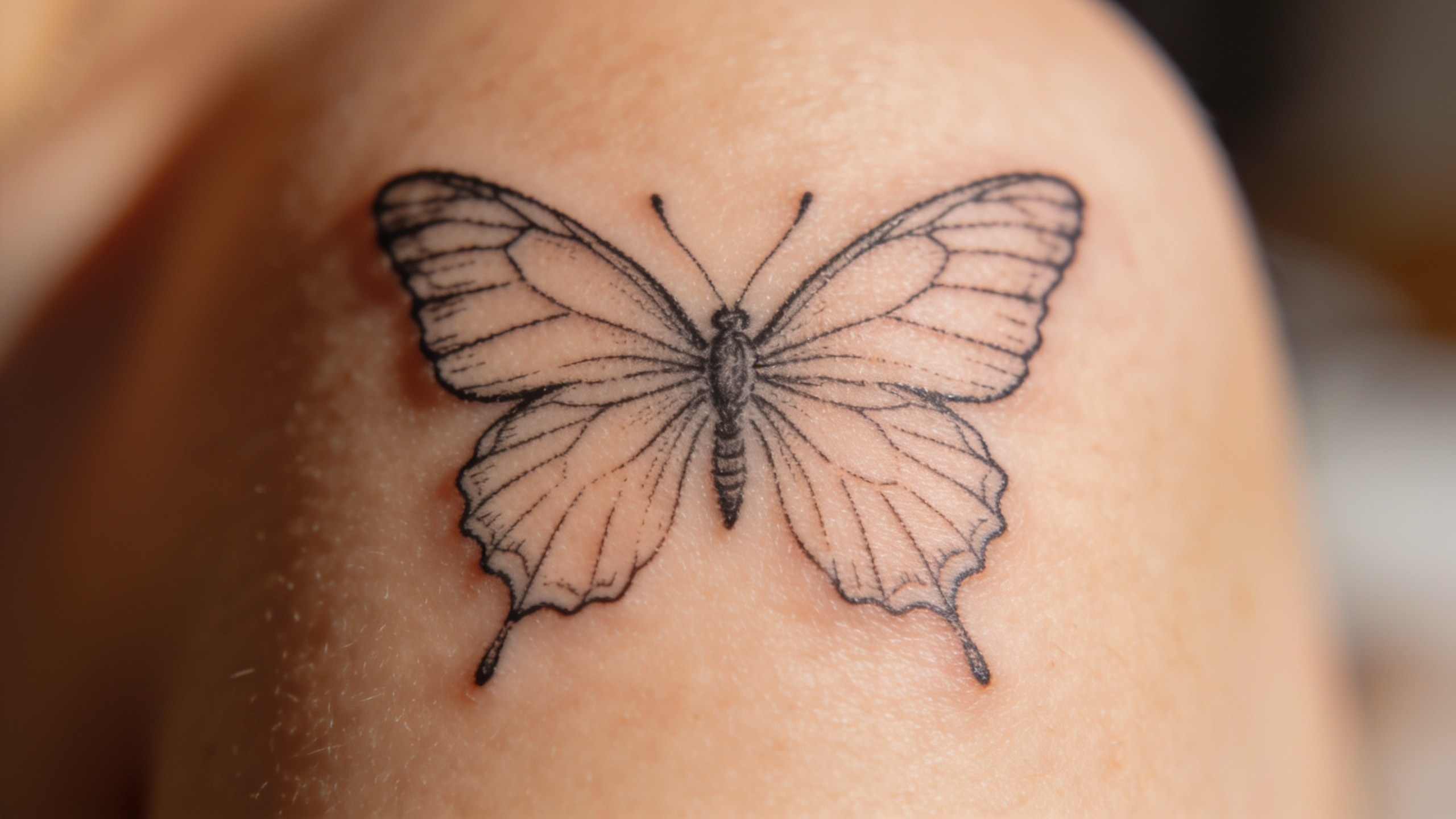 A fine-line butterfly tattoo