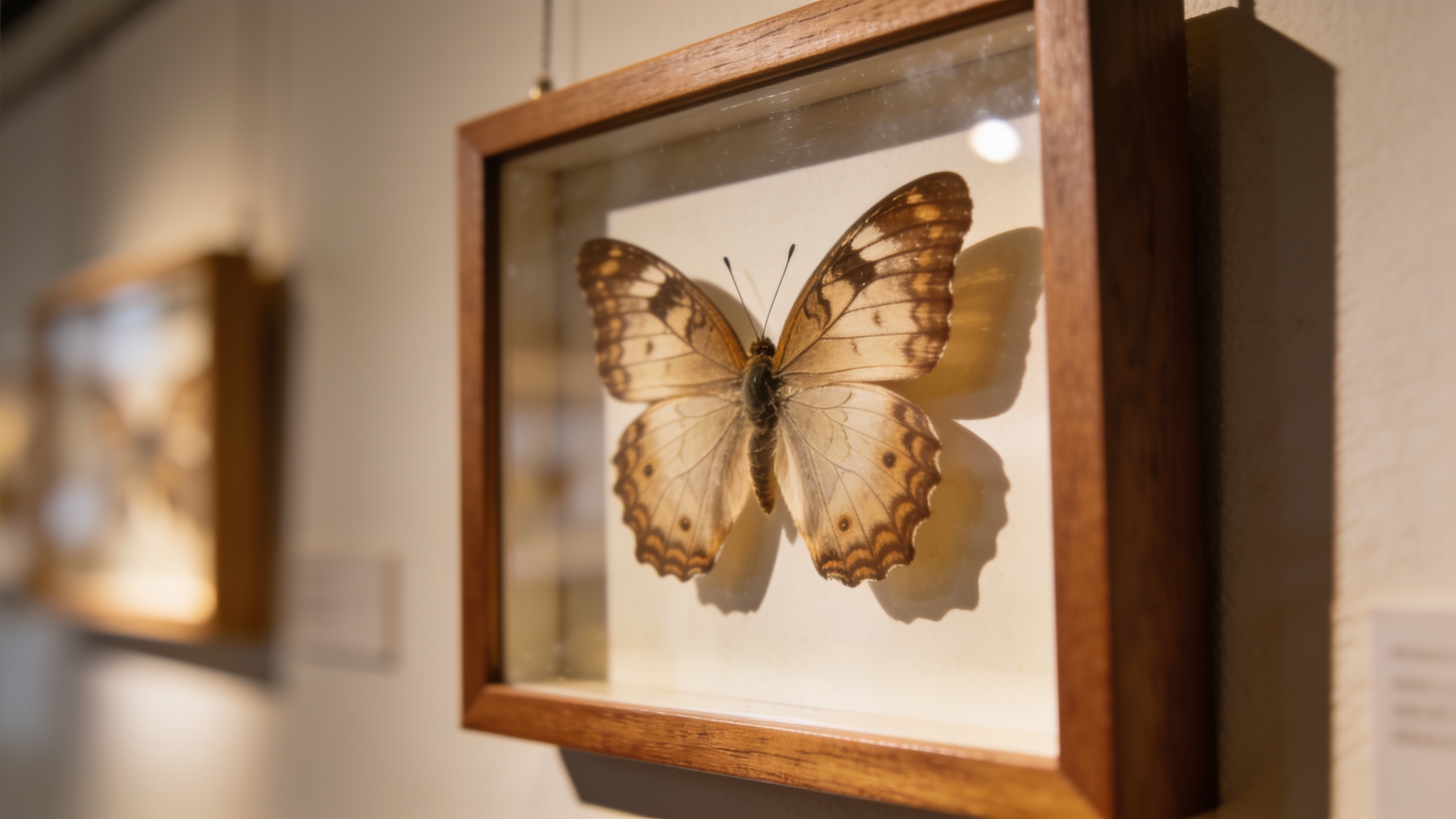 A framed butterfly specimen display mounted on a wall