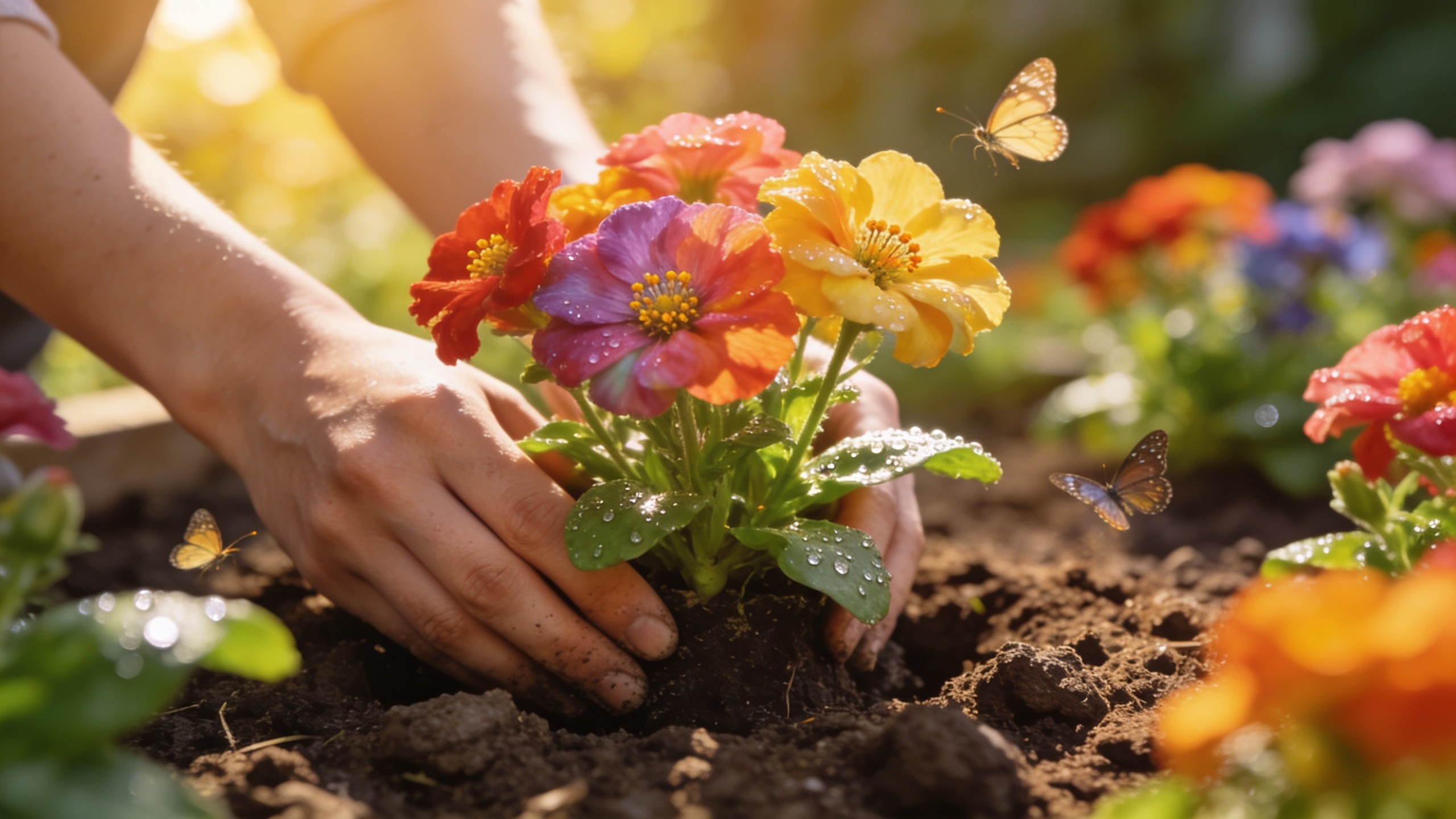 Hands planting flowers in a garden bed with butterflies nearby