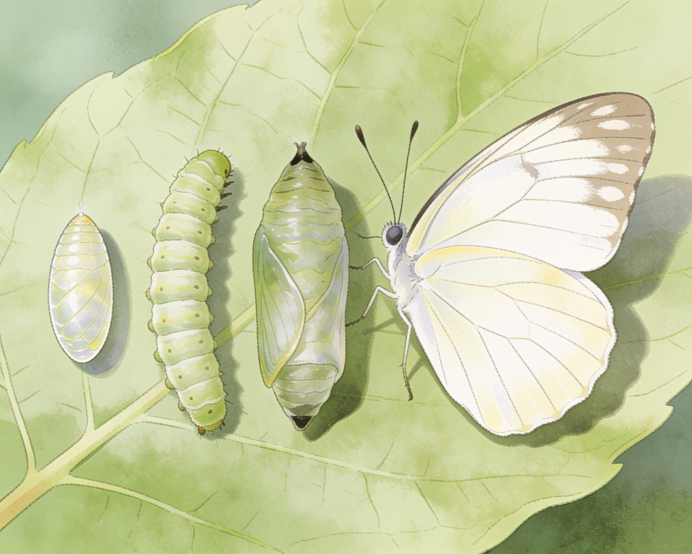 The four life stages of a butterfly: egg, caterpillar, chrysalis, and adult