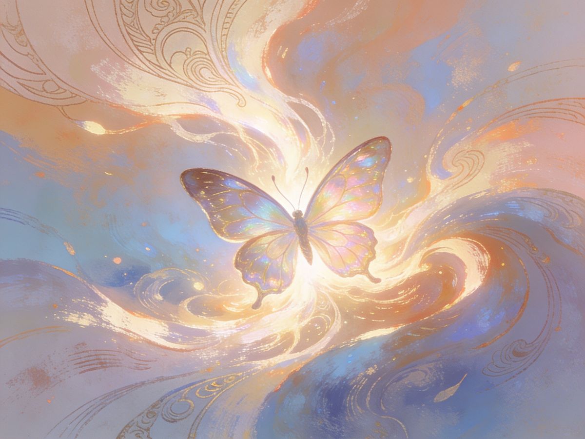 A butterfly rendered in a soft, storybook folklore style