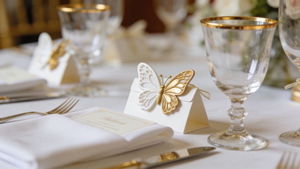 Elegant butterfly-themed wedding favor boxes on a table