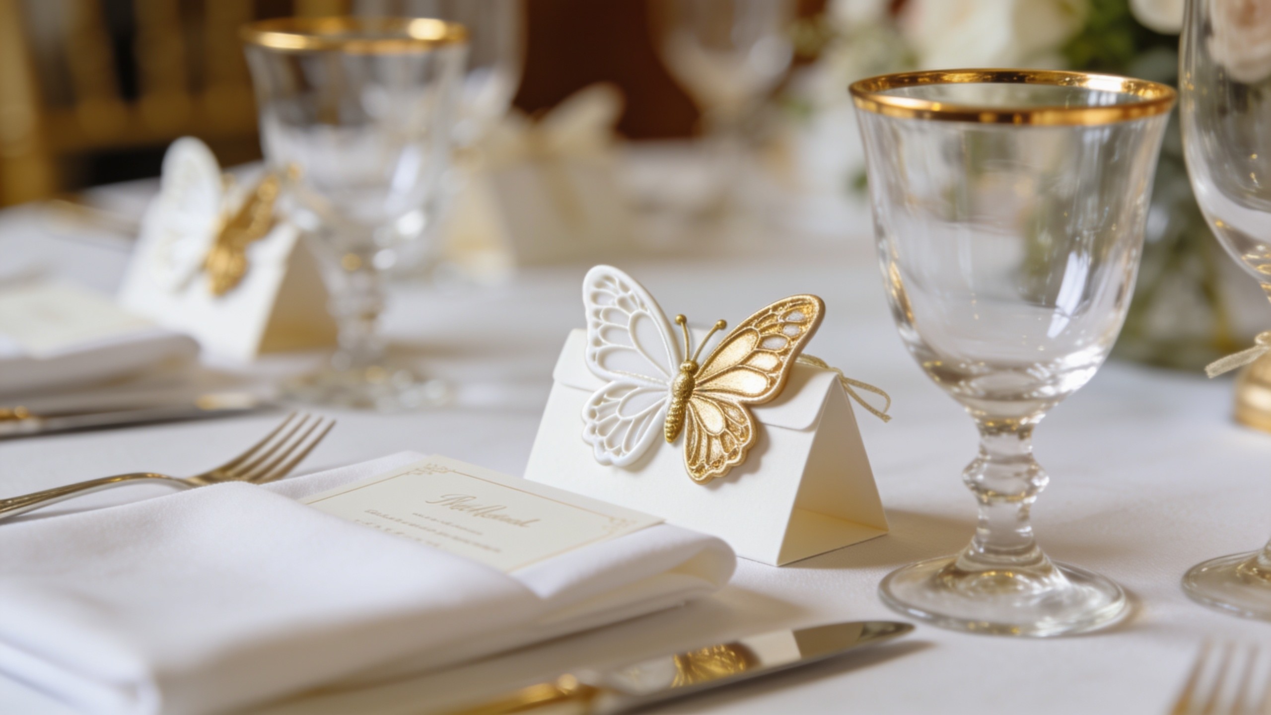 Elegant butterfly-themed wedding favor boxes on a table