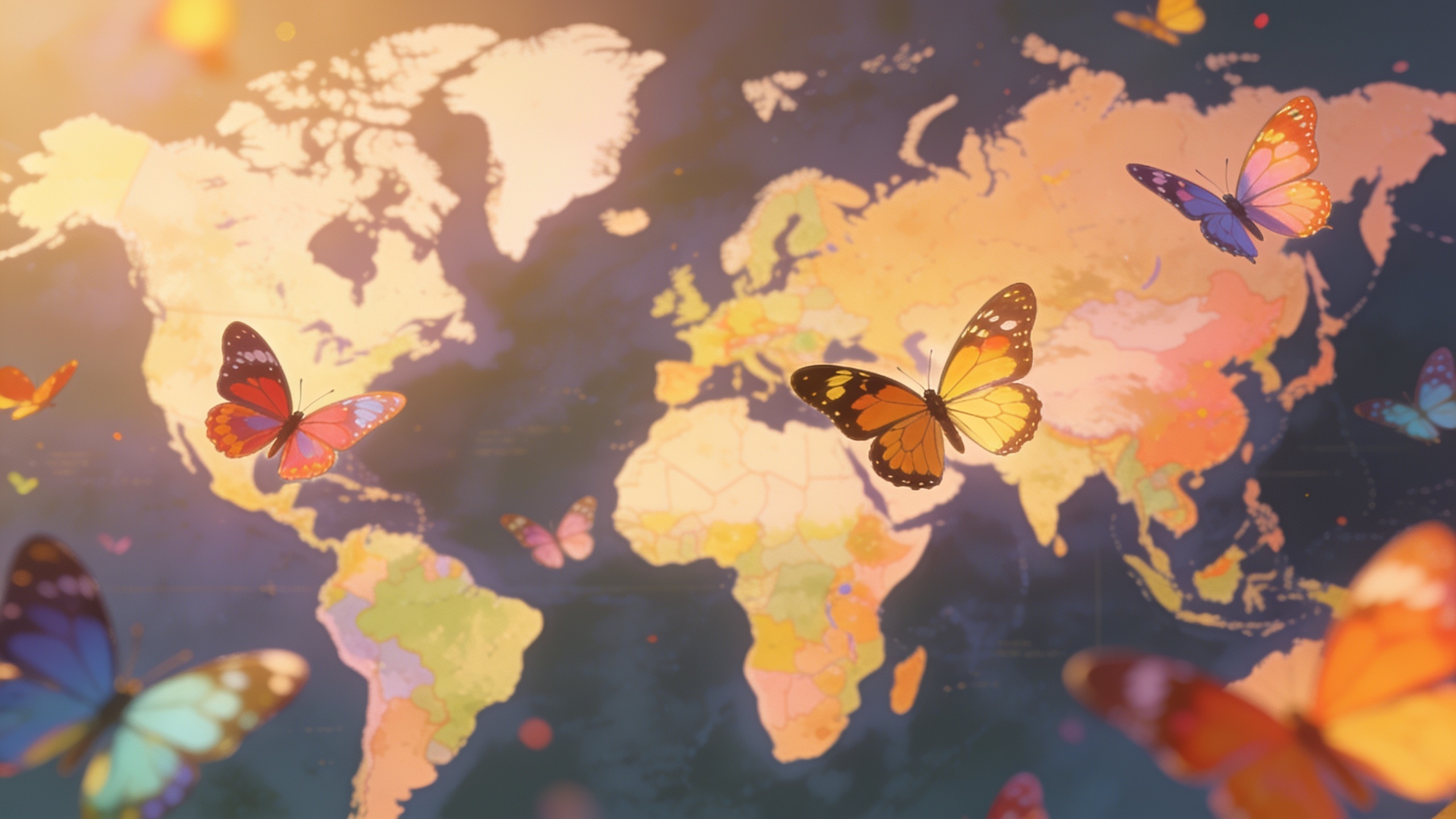 A stylized world map with colorful butterflies flying over different continents